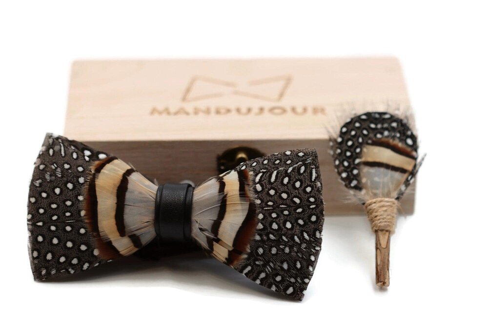 3518 Handcrafted Guinea Fowl Feather Bow Tie & Lapel Pin Set for Elegant